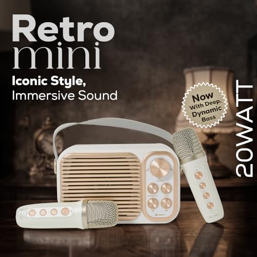 Toreto Retro Mini Bluetooth Speaker with Dual Wireless Karaoke Mic, 20W Output, Bluetooth 5.0, Voice Changer, 10m Range, 6H Playtime, USB/AUX/TF/FM, Type-C Charging (Rose Gold) - Image 2