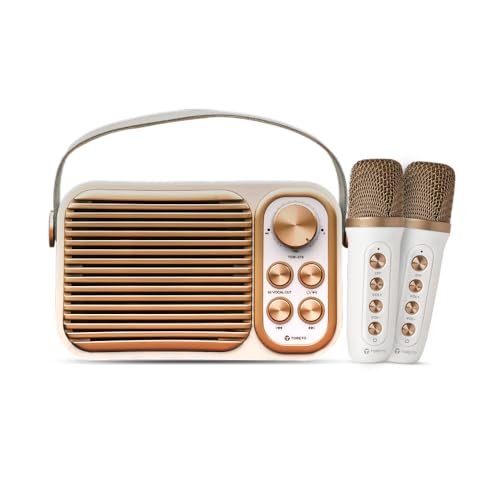Toreto Retro Mini Bluetooth Speaker with Dual Wireless Karaoke Mic, 20W Output, Bluetooth 5.0, Voice Changer, 10m Range, 6H Playtime, USB/AUX/TF/FM, Type-C Charging (Rose Gold) - Image 1