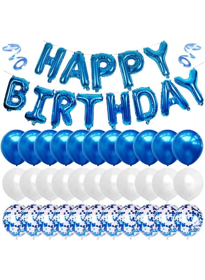 Blue Happy Birthday Balloon Banner with White and Blue Confetti Balloons for Boy Birthday Party Decorations - Image 1