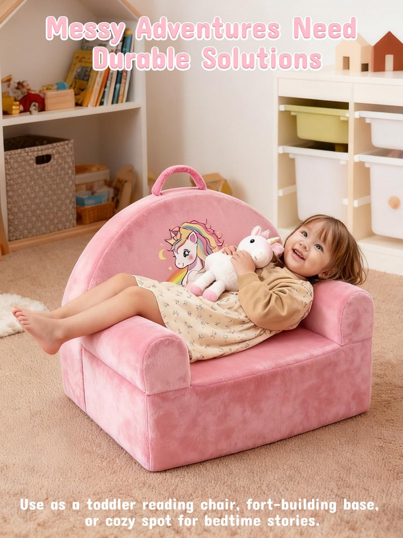 laapee Kids Sofa Chair with Removable Washable Cover & Magic-Tape Backrest Toddler Chair, Cozy Crystal Velvet Furniture for Playtime, Naps & Travel (Soft Pink, Unicorn Design) - Image 2