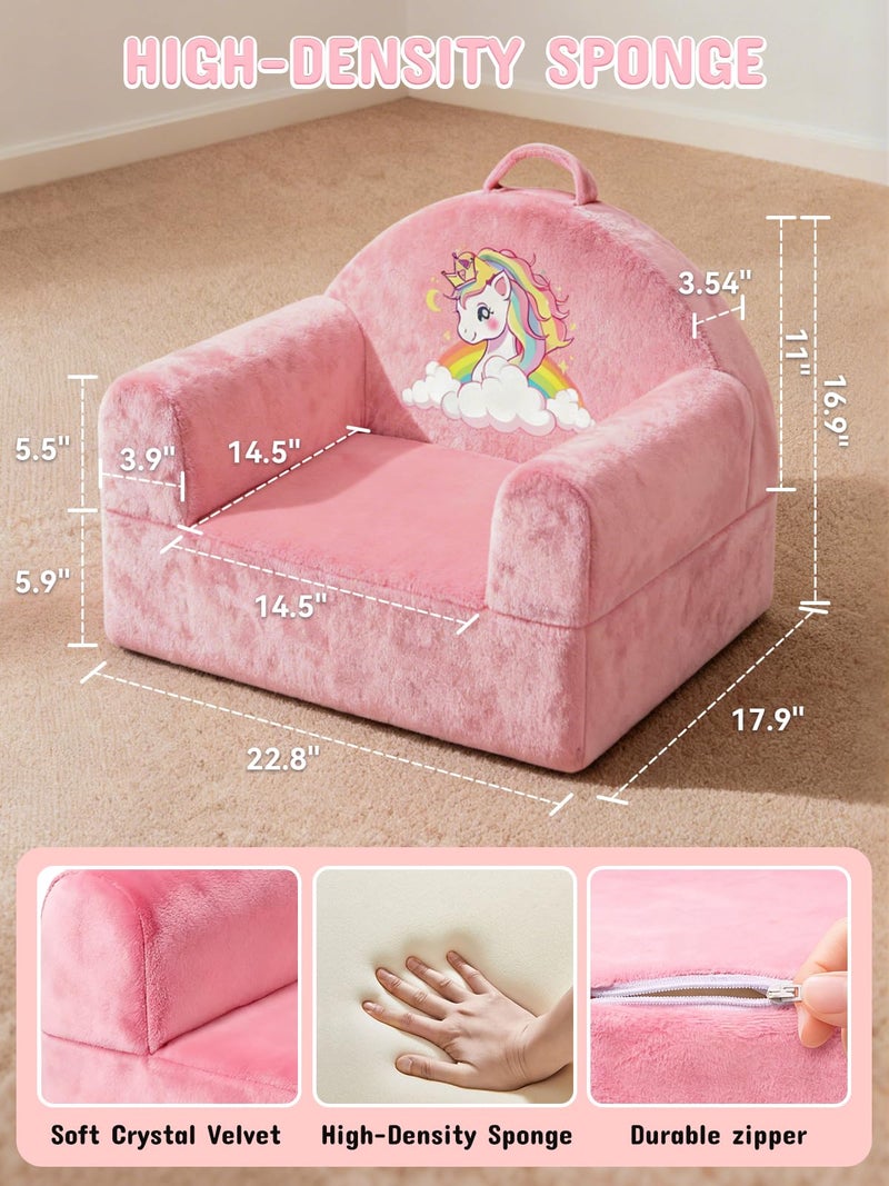 laapee Kids Sofa Chair with Removable Washable Cover & Magic-Tape Backrest Toddler Chair, Cozy Crystal Velvet Furniture for Playtime, Naps & Travel (Soft Pink, Unicorn Design) - Image 4