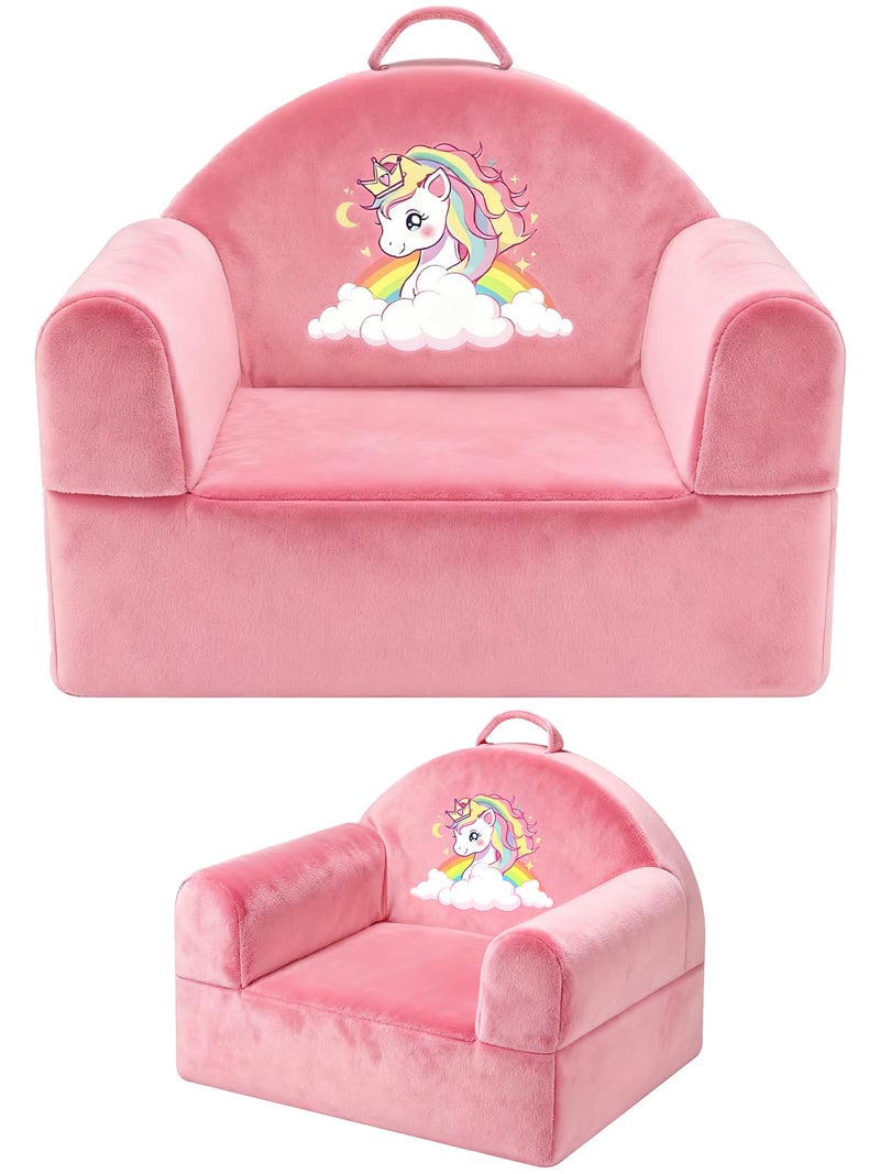 laapee Kids Sofa Chair with Removable Washable Cover & Magic-Tape Backrest Toddler Chair, Cozy Crystal Velvet Furniture for Playtime, Naps & Travel (Soft Pink, Unicorn Design) - Image 1