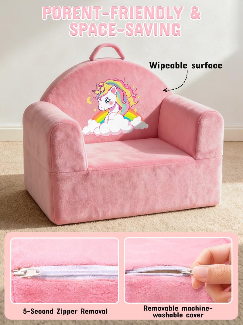laapee Kids Sofa Chair with Removable Washable Cover & Magic-Tape Backrest Toddler Chair, Cozy Crystal Velvet Furniture for Playtime, Naps & Travel (Soft Pink, Unicorn Design) - Image 5