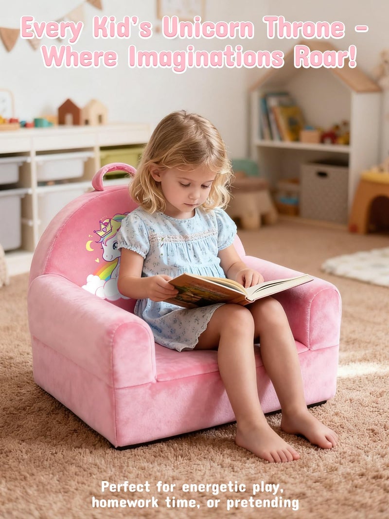 laapee Kids Sofa Chair with Removable Washable Cover & Magic-Tape Backrest Toddler Chair, Cozy Crystal Velvet Furniture for Playtime, Naps & Travel (Soft Pink, Unicorn Design) - Image 3