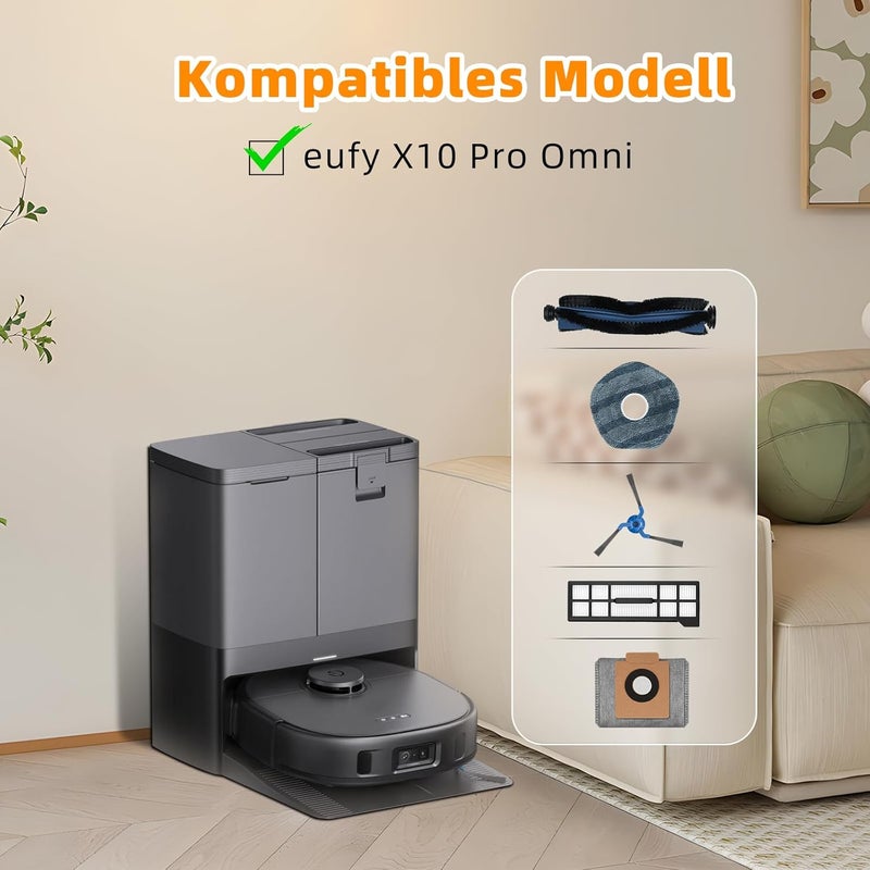 Alloytool 22 قطعة ملحقات لمكنسة روبوت Eufy X10 Pro Omni، قطع غيار تشمل 2 فرش رئيسية، 4 مرشحات، 6 أكياس غبار، 4 وسادات مسح، 4 فرش جانبية، 1 فرشاة تنظيف، 1 مفك براغي - Image 2