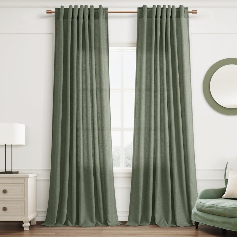 Joywell Olive Green Curtains 84 Inches Long for Living Room Bedroom Semi Sheer Linen Drapes Window Light Filtering Neutral Boho Curtain 2 Panels Hook Belt Back Tab Rod Pocket Emerald Dark Green - Image 1
