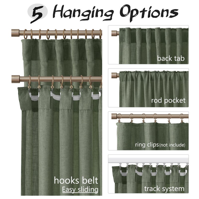 Joywell Olive Green Curtains 84 Inches Long for Living Room Bedroom Semi Sheer Linen Drapes Window Light Filtering Neutral Boho Curtain 2 Panels Hook Belt Back Tab Rod Pocket Emerald Dark Green - Image 4