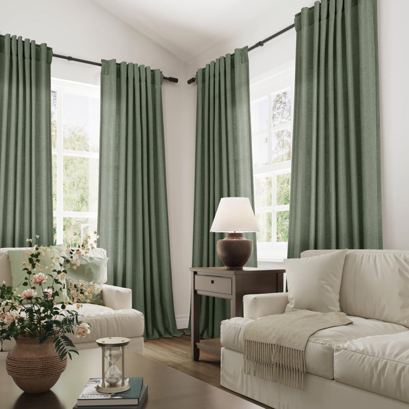 Joywell Olive Green Curtains 84 Inches Long for Living Room Bedroom Semi Sheer Linen Drapes Window Light Filtering Neutral Boho Curtain 2 Panels Hook Belt Back Tab Rod Pocket Emerald Dark Green - Image 2