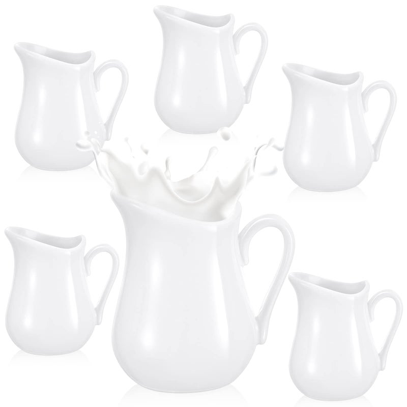 Nuanchu 6 Pcs 45 oz Small Creamer Milk Pitcher Classic White Porcelain Creamer with Handle Ceramic Maple Syrup Dispenser Coffee Dairy Container for Milk Sauce Salad Microwave