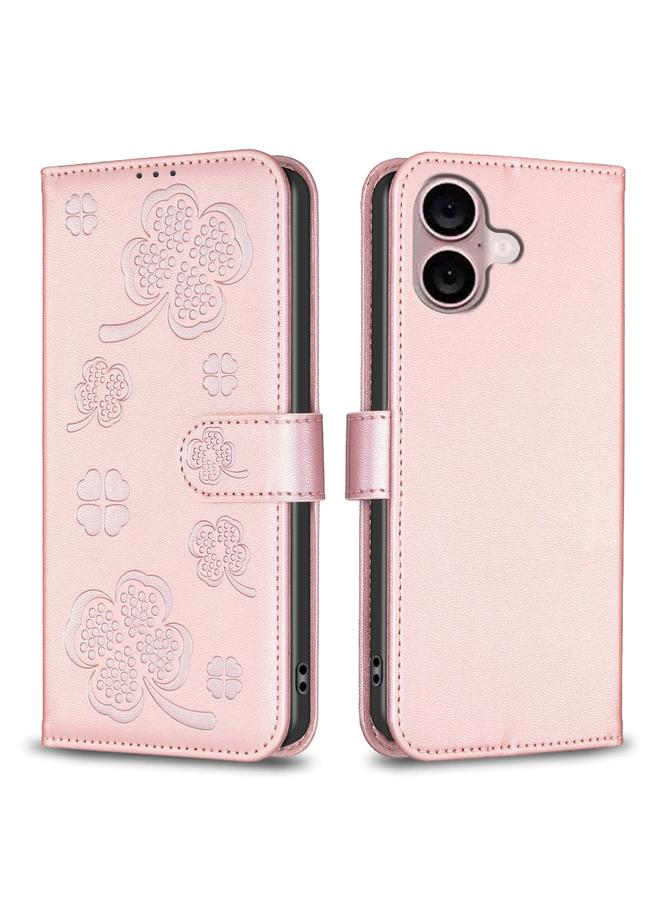 اس-توب جراب لهاتف iPhone 16 Plus مصنوع من الجلد المنقوش بأربع أوراق - Image 1