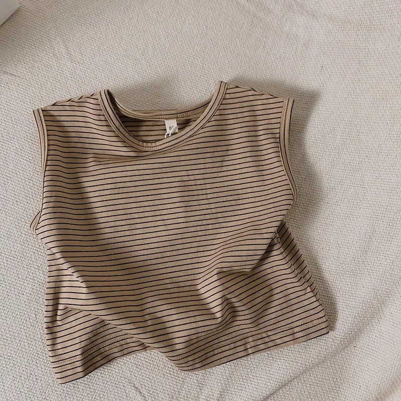 Retro Western Style Boys' Vest Summer Pure Cotton Sleeveless Girls Striped T-Shirt Children'S Outer Wear Top Baby Korean Style Trendy - Image 1