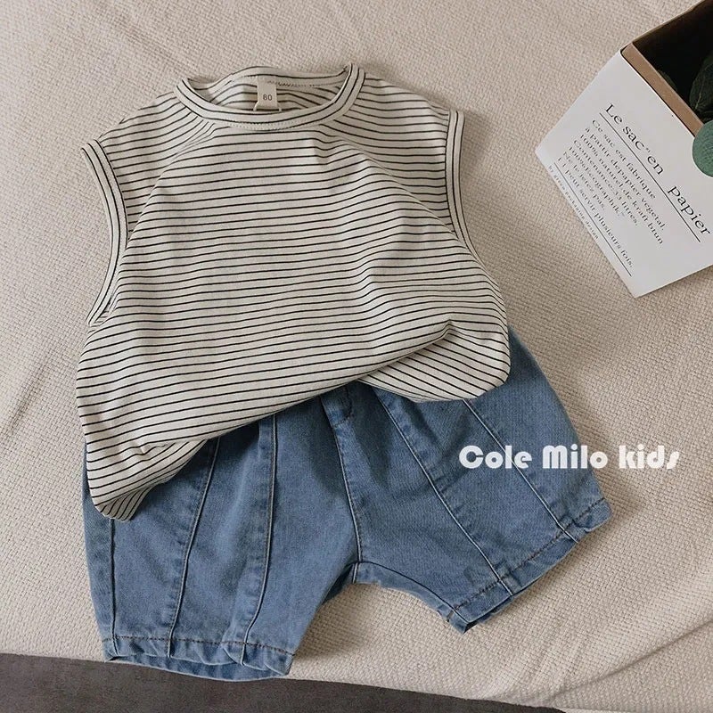 Retro Western Style Boys' Vest Summer Pure Cotton Sleeveless Girls Striped T-Shirt Children'S Outer Wear Top Baby Korean Style Trendy - Image 3