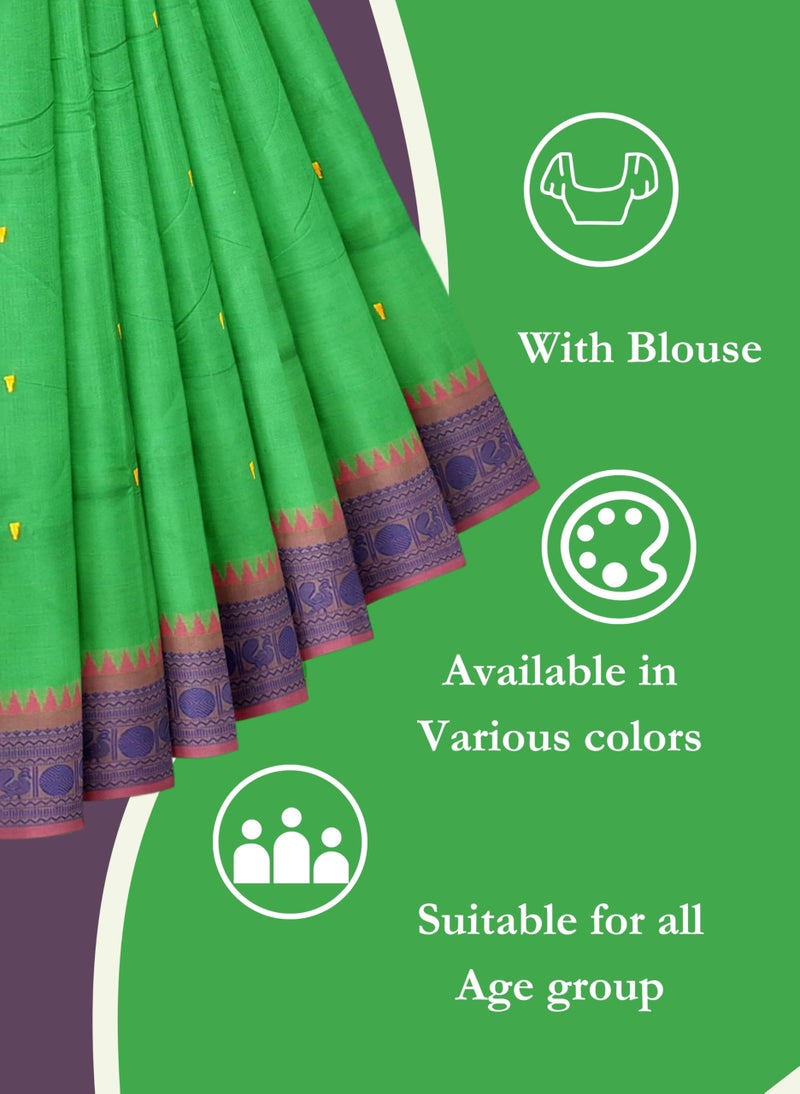 NandaVanam Women's Chettinad Cotton Saree with Blouse | Chettinad Cotton Sarees with Peacock Border | Soft, Comfort, Chettinad Pure Cotton Sarees | Handloom Sarees for Women (Green) - Image 5