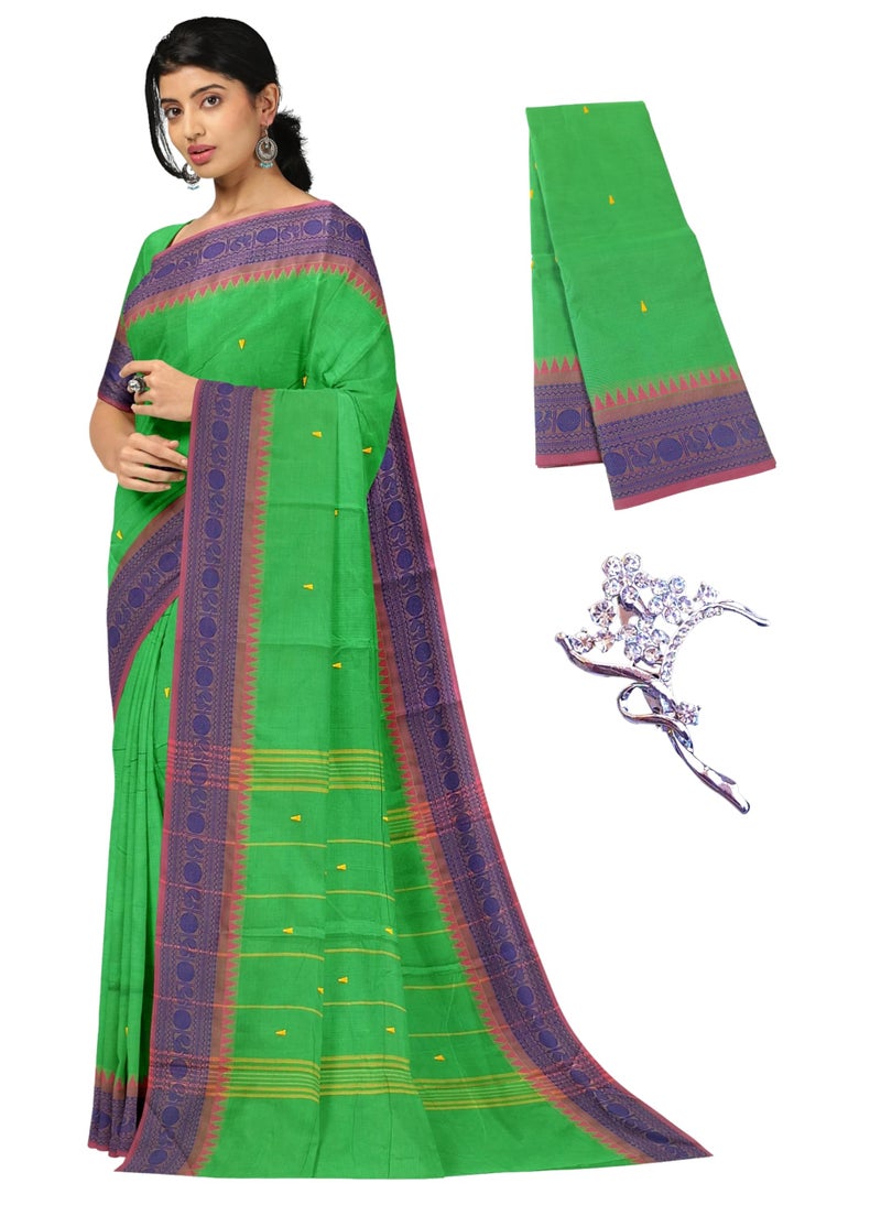 NandaVanam Women's Chettinad Cotton Saree with Blouse | Chettinad Cotton Sarees with Peacock Border | Soft, Comfort, Chettinad Pure Cotton Sarees | Handloom Sarees for Women (Green) - Image 1