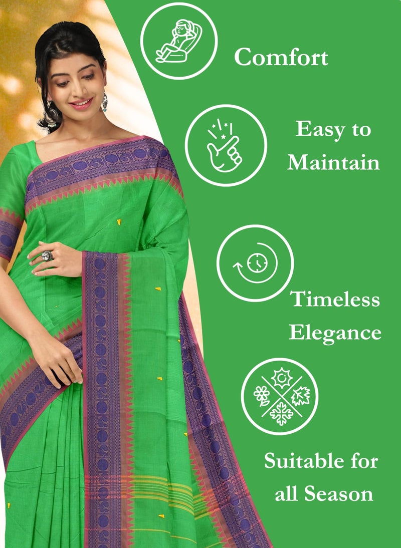 NandaVanam Women's Chettinad Cotton Saree with Blouse | Chettinad Cotton Sarees with Peacock Border | Soft, Comfort, Chettinad Pure Cotton Sarees | Handloom Sarees for Women (Green) - Image 4