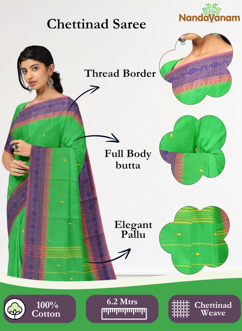 NandaVanam Women's Chettinad Cotton Saree with Blouse | Chettinad Cotton Sarees with Peacock Border | Soft, Comfort, Chettinad Pure Cotton Sarees | Handloom Sarees for Women (Green) - Image 2
