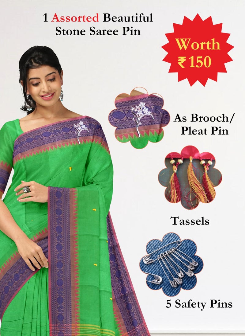 NandaVanam Women's Chettinad Cotton Saree with Blouse | Chettinad Cotton Sarees with Peacock Border | Soft, Comfort, Chettinad Pure Cotton Sarees | Handloom Sarees for Women (Green) - Image 3