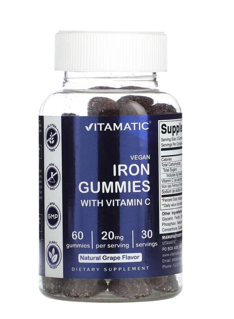 Vitamatic جواهر الحديد النباتية مع فيتامين C بنكهة العنب 60 جواهر