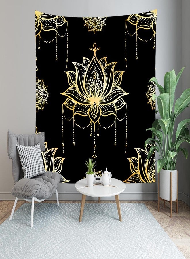 Loccor Spiritual Lotus Tapestry 60''x40'' Black and Gold Psychedelic Meditation Lotus Wall Hanging Mandala Tapestries for Bedroom and Living Room Zen Boho Wall Art Decor - Image 3