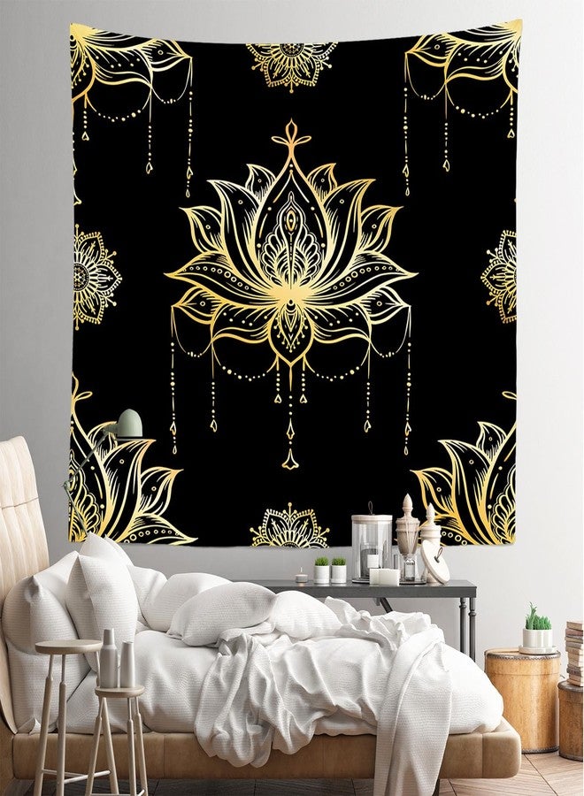 Loccor Spiritual Lotus Tapestry 60''x40'' Black and Gold Psychedelic Meditation Lotus Wall Hanging Mandala Tapestries for Bedroom and Living Room Zen Boho Wall Art Decor - Image 2