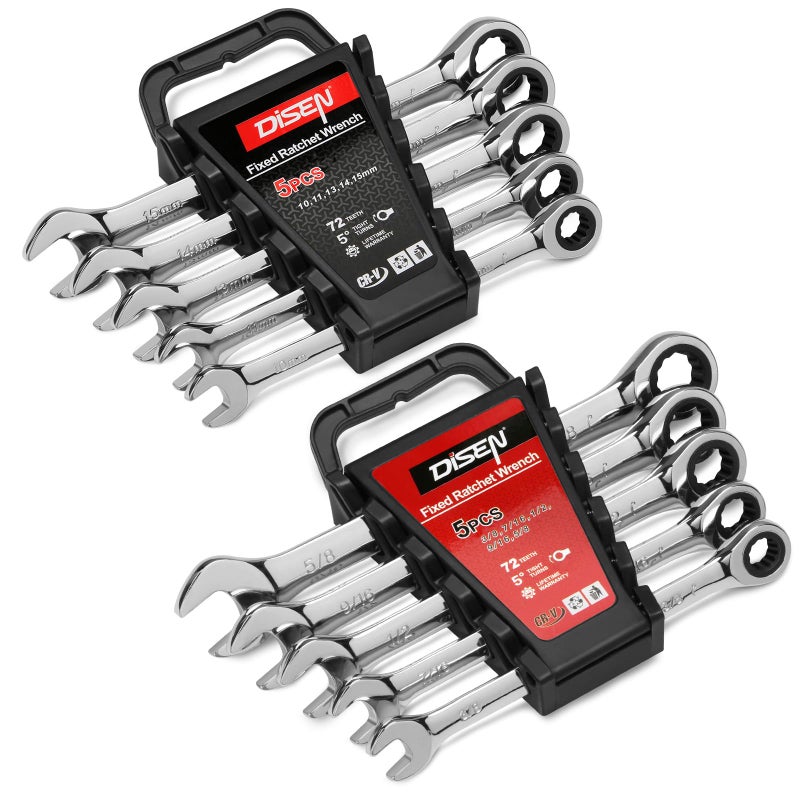 DISEN 10Pcs Ratcheting Wrench Set SAE & Metric Ratchet Wrench Set with Rack Organizer, Premium CR-v Steel, 12 Point, 72 Teeth,Box End and Open End Ratcheting Wrench Set,Metric 10-15mm&SAE 3/8''-5/8'' - Image 1