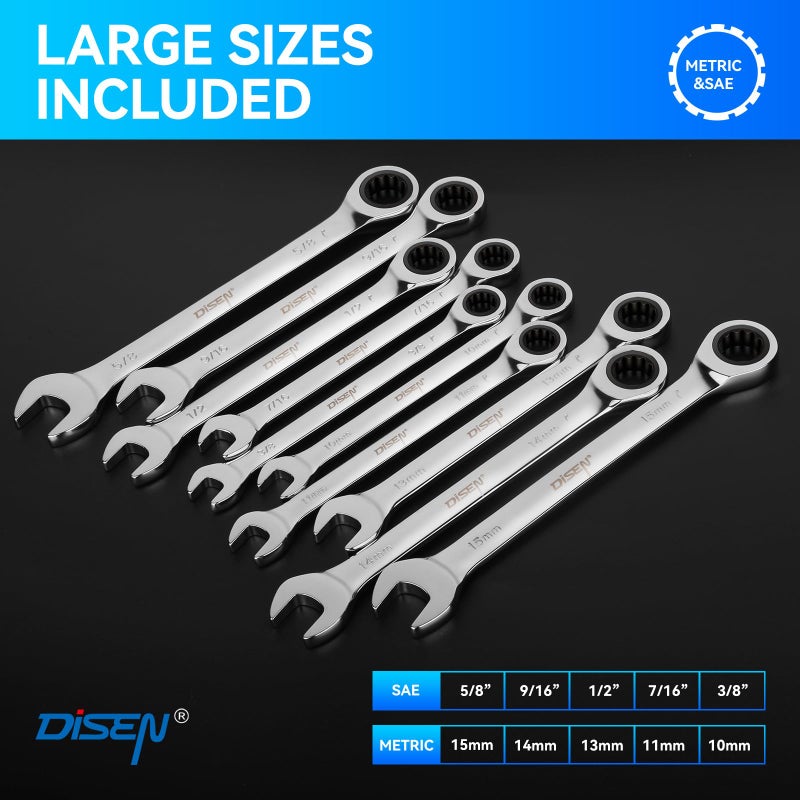 DISEN 10Pcs Ratcheting Wrench Set SAE & Metric Ratchet Wrench Set with Rack Organizer, Premium CR-v Steel, 12 Point, 72 Teeth,Box End and Open End Ratcheting Wrench Set,Metric 10-15mm&SAE 3/8''-5/8'' - Image 2