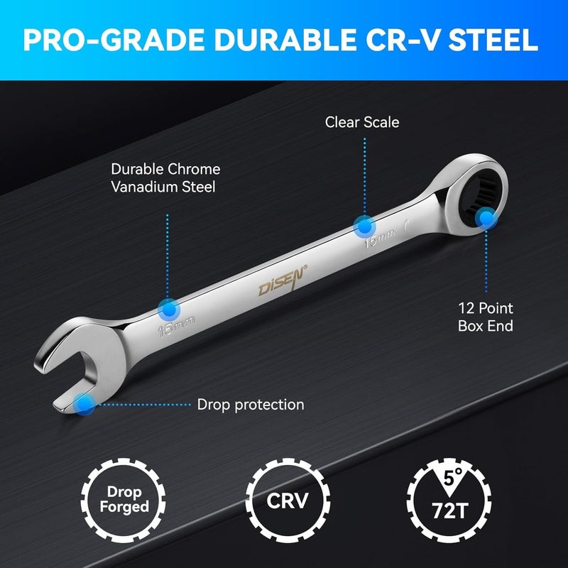 DISEN 10Pcs Ratcheting Wrench Set SAE & Metric Ratchet Wrench Set with Rack Organizer, Premium CR-v Steel, 12 Point, 72 Teeth,Box End and Open End Ratcheting Wrench Set,Metric 10-15mm&SAE 3/8''-5/8'' - Image 5