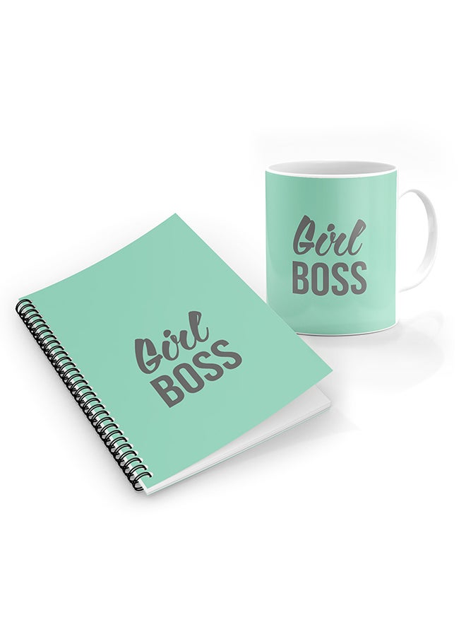 Stylizedd - Designer Printed Coffee Mug + A5 Spiral Notebook Memo Notepad Journal Personalised Combo Gift Set Girl Boss -Green - Image 1