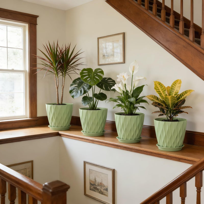 UOUZ 8 Inch Plant Pots, 4 Pack Plastic Planters for Indoor Outdoor with Drainage Holes & Saucers, Waffle Texture Flower Pots for Indoor Plants, Indoor Plant Pots for Monstera, Fiddle Leaf Fig, Green - Image 5
