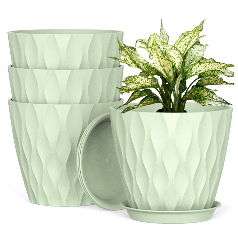 UOUZ 8 Inch Plant Pots, 4 Pack Plastic Planters for Indoor Outdoor with Drainage Holes & Saucers, Waffle Texture Flower Pots for Indoor Plants, Indoor Plant Pots for Monstera, Fiddle Leaf Fig, Green - Image 1
