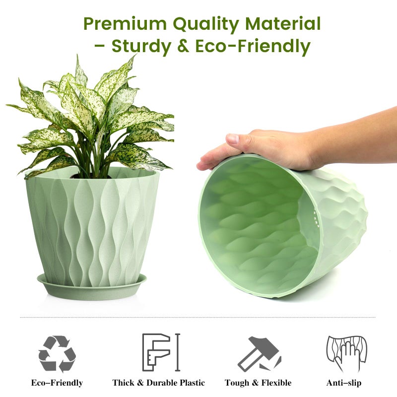 UOUZ 8 Inch Plant Pots, 4 Pack Plastic Planters for Indoor Outdoor with Drainage Holes & Saucers, Waffle Texture Flower Pots for Indoor Plants, Indoor Plant Pots for Monstera, Fiddle Leaf Fig, Green - Image 4