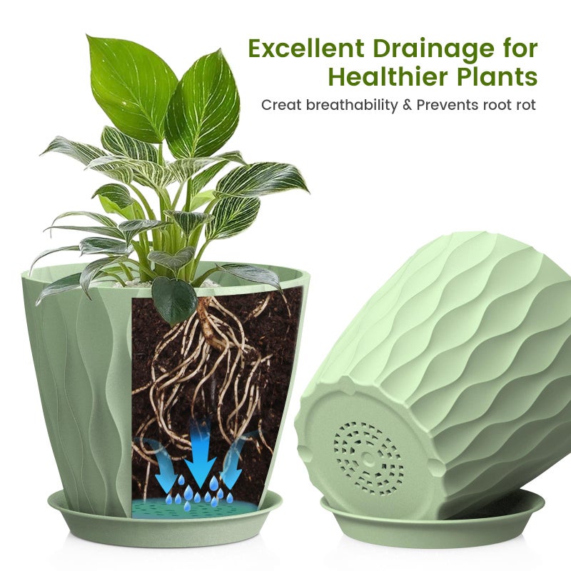 UOUZ 8 Inch Plant Pots, 4 Pack Plastic Planters for Indoor Outdoor with Drainage Holes & Saucers, Waffle Texture Flower Pots for Indoor Plants, Indoor Plant Pots for Monstera, Fiddle Leaf Fig, Green - Image 3