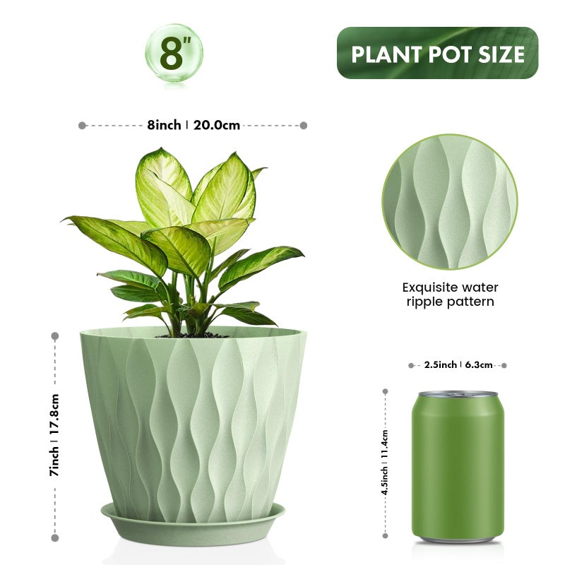 UOUZ 8 Inch Plant Pots, 4 Pack Plastic Planters for Indoor Outdoor with Drainage Holes & Saucers, Waffle Texture Flower Pots for Indoor Plants, Indoor Plant Pots for Monstera, Fiddle Leaf Fig, Green - Image 2