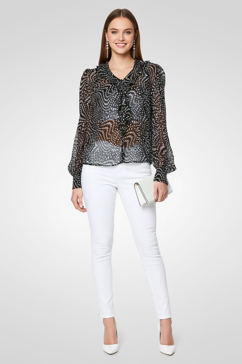 PINKO Women V-Neck Long Sleeve Allover Pattern Blouse, Multicolor - Image 1