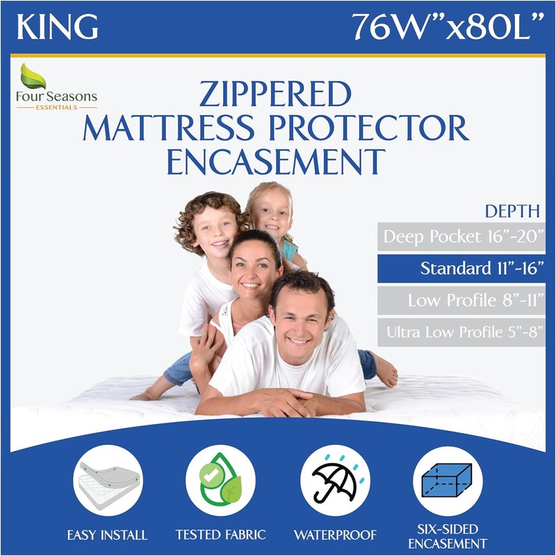 Four Seasons Essentials King Size Mattress Protector Bed Bug Waterproof Zippered Cover - Hypoallergenic Premium Quality Encasement Protects Against Liquids, Dust - Breathable, Noiseless - Image 1