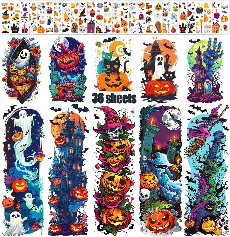 Leesgel Leesgel 36 Sheets Halloween Full Arm Temporary Tattoos, Tattoo Family Set special for Halloween Party Supplies, Kids Sleeve Tattoos with Pumpkin Skull Ghost for Halloween Goodie Bag Fillers