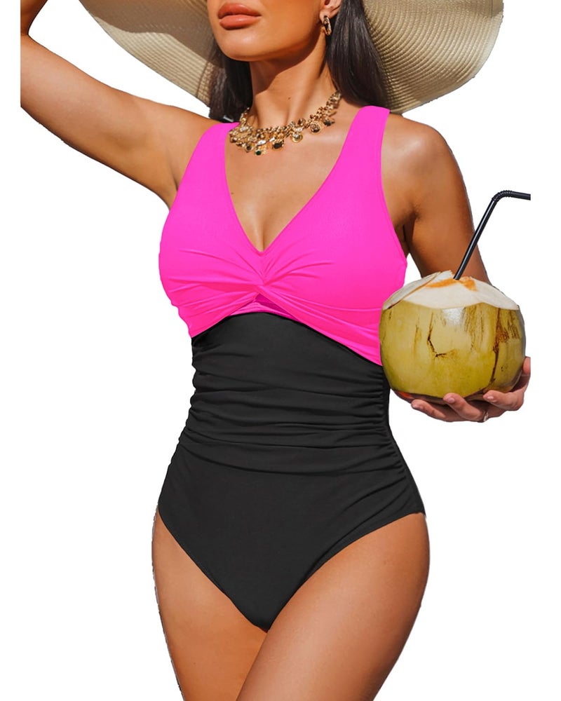 Holipick Hot Pink Black Women Tummy Control One Piece Swimsuit - Push Up Bathing Suit Full Coverage Slimming Swimwear XL - Image 1
