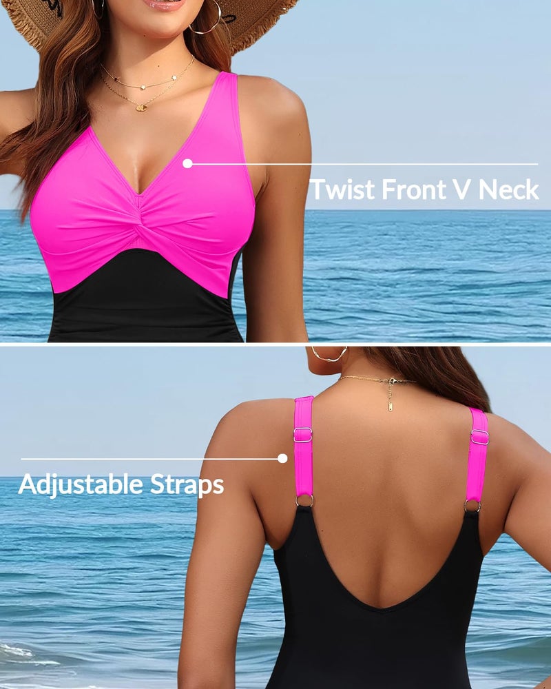 Holipick Hot Pink Black Women Tummy Control One Piece Swimsuit - Push Up Bathing Suit Full Coverage Slimming Swimwear XL - Image 2