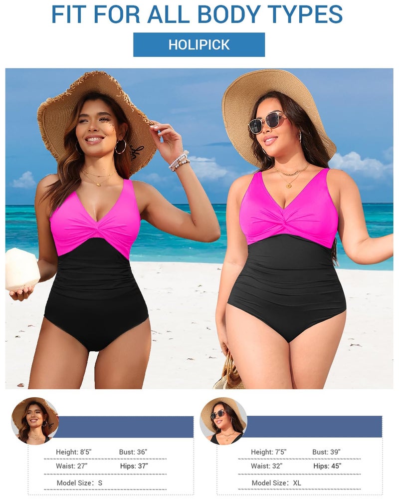 Holipick Hot Pink Black Women Tummy Control One Piece Swimsuit - Push Up Bathing Suit Full Coverage Slimming Swimwear XL - Image 5