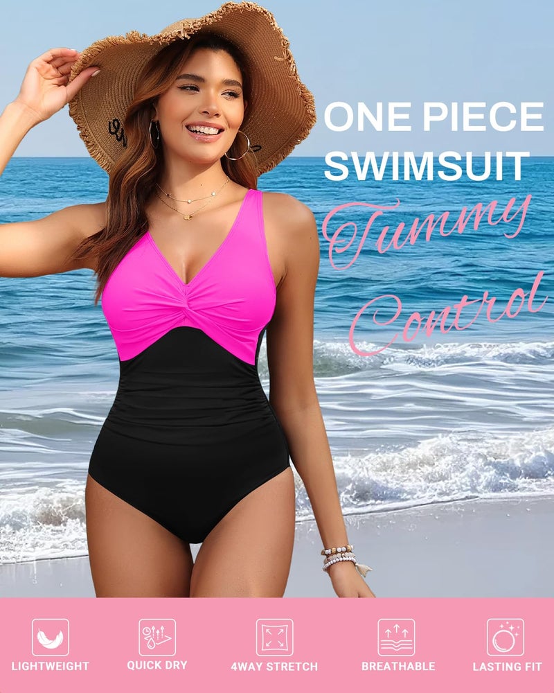 Holipick Hot Pink Black Women Tummy Control One Piece Swimsuit - Push Up Bathing Suit Full Coverage Slimming Swimwear XL - Image 4