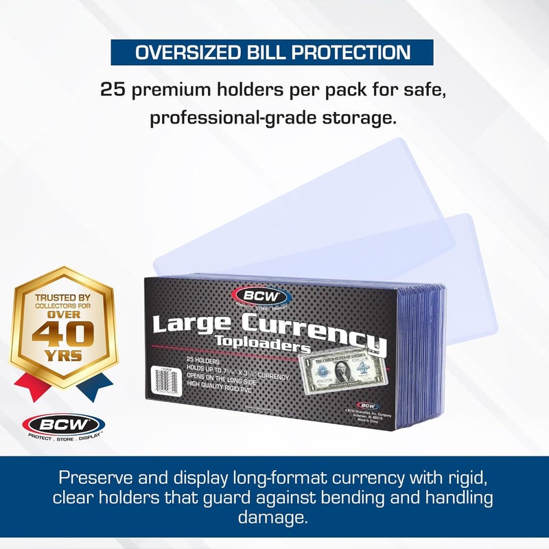 BCW Large Bill Currency Topload Holder - Pack of 25 | Clear Rigid PVC, Archival Quality Protection for Collectible Currencies | Numismatic Supplies for Collectors | Paper Currency Holders - Image 2