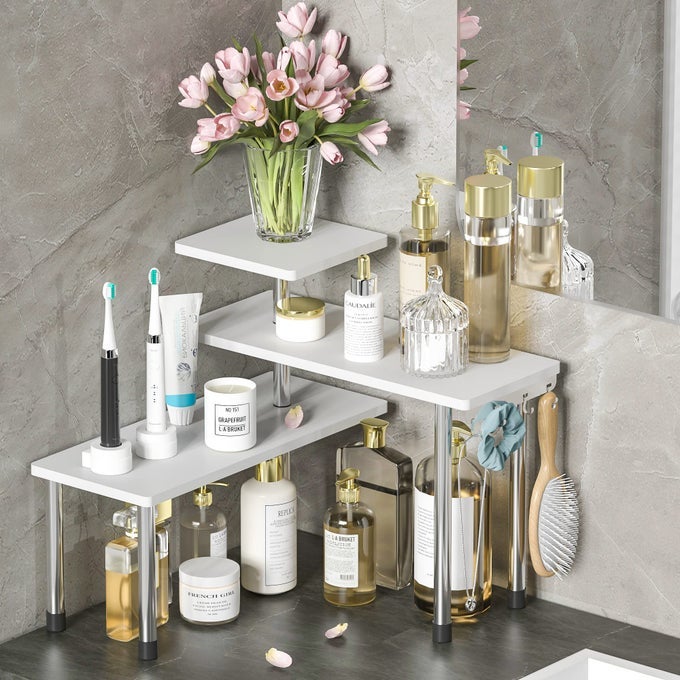 BATHROOM COUNTER ORGANIZER CORNER SHELF BATHROOM ORGANIZATION BAMBOO 3 TIER SPICE RACK MAKEUP ORGANIZER BOOKSHELF SPACE SAVING RACK KITCHEN OFFICE LIVING ROOM WHITE