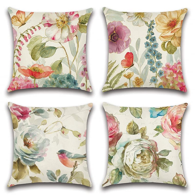 Artscope Set of 4 Waterproof Throw Pillow Covers 18x18 Inches Colorful Flowers Bird and Butterfly Pattern Decorative Cushion Covers Perfect to Outdoor Patio Garden Living Room Sofa Farmhouse Decor