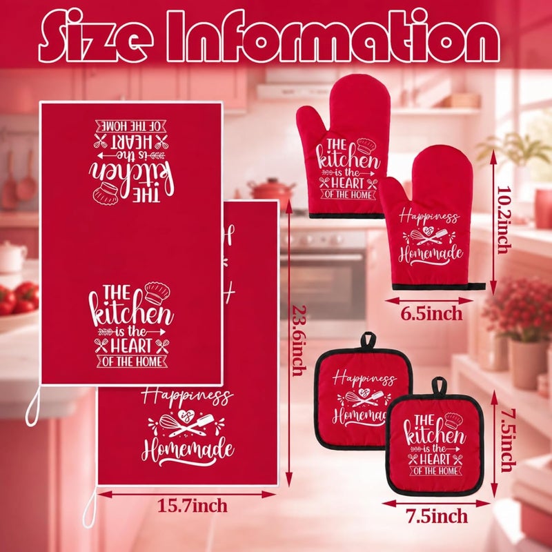 Sratte 6 Pcs Kitchen Decor Accessories Set Farmhouse Towels Pot Holders Oven Mitts Set 2 Dish Towels 2 Potholders 2 Cooking Mittens Oven Glove for Christmas Baking Cooking Supply(Red,Kitchen) - Image 3