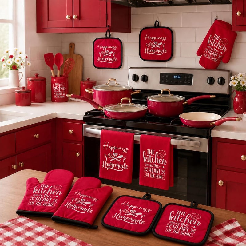 Sratte 6 Pcs Kitchen Decor Accessories Set Farmhouse Towels Pot Holders Oven Mitts Set 2 Dish Towels 2 Potholders 2 Cooking Mittens Oven Glove for Christmas Baking Cooking Supply(Red,Kitchen) - Image 2