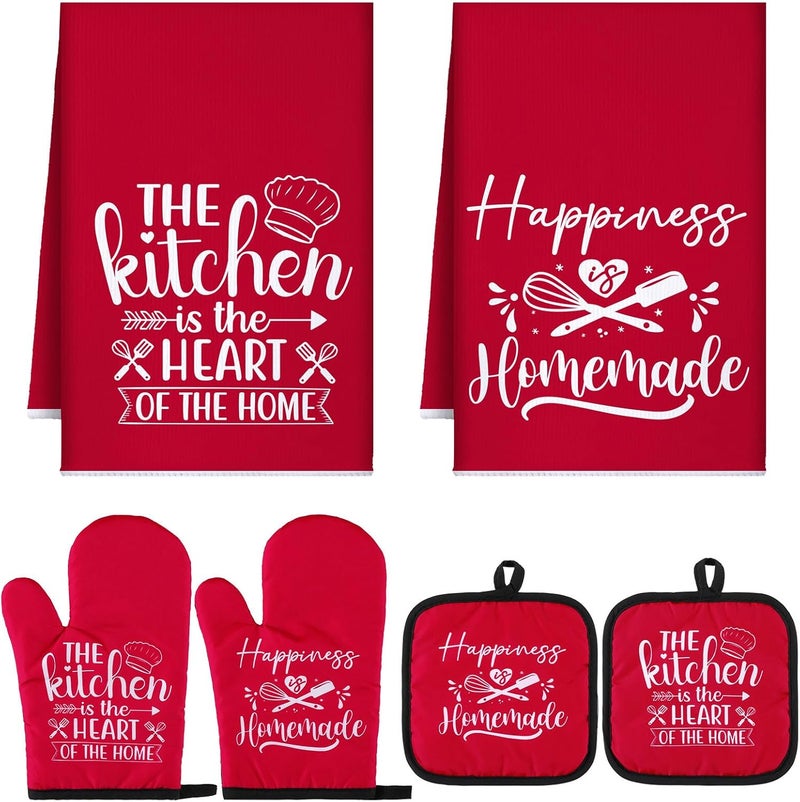 Sratte 6 Pcs Kitchen Decor Accessories Set Farmhouse Towels Pot Holders Oven Mitts Set 2 Dish Towels 2 Potholders 2 Cooking Mittens Oven Glove for Christmas Baking Cooking Supply(Red,Kitchen) - Image 1