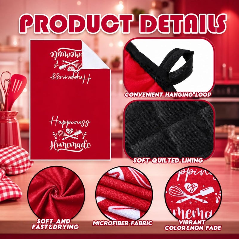 Sratte 6 Pcs Kitchen Decor Accessories Set Farmhouse Towels Pot Holders Oven Mitts Set 2 Dish Towels 2 Potholders 2 Cooking Mittens Oven Glove for Christmas Baking Cooking Supply(Red,Kitchen) - Image 5