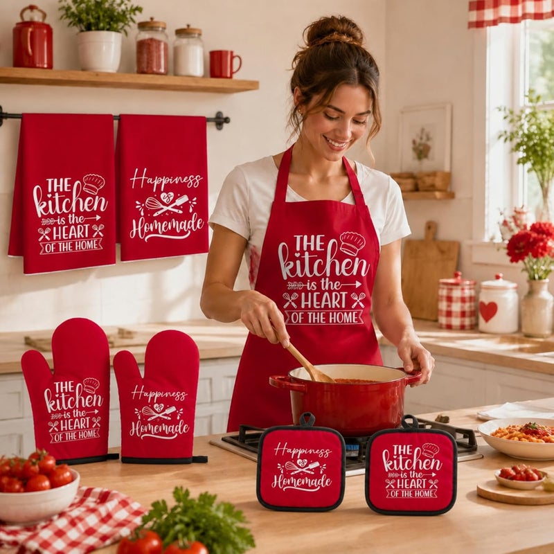 Sratte 6 Pcs Kitchen Decor Accessories Set Farmhouse Towels Pot Holders Oven Mitts Set 2 Dish Towels 2 Potholders 2 Cooking Mittens Oven Glove for Christmas Baking Cooking Supply(Red,Kitchen) - Image 4