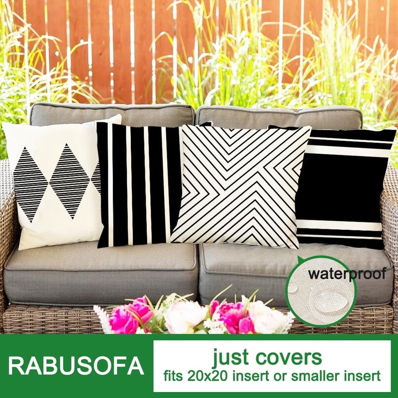 RABUSOFA Outdoor Pillows Waterproof,20x20 inch Black and White Boho Set of 4 for Patio Furniture,Sunbrella Outdoor Pillow Covers for Couch(no Insert) - Image 3