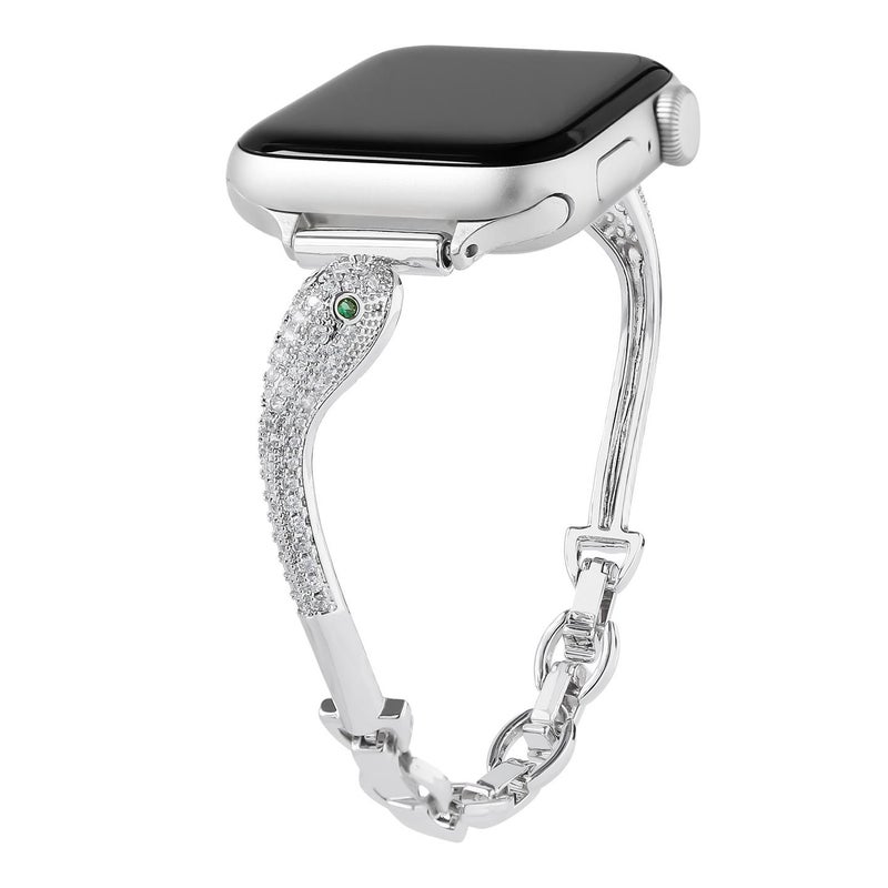 For Apple Watch 46mm / 49mm / 45mm / 44mm Copper Inlaid Zircon Snake Head Watch Band(Silver)